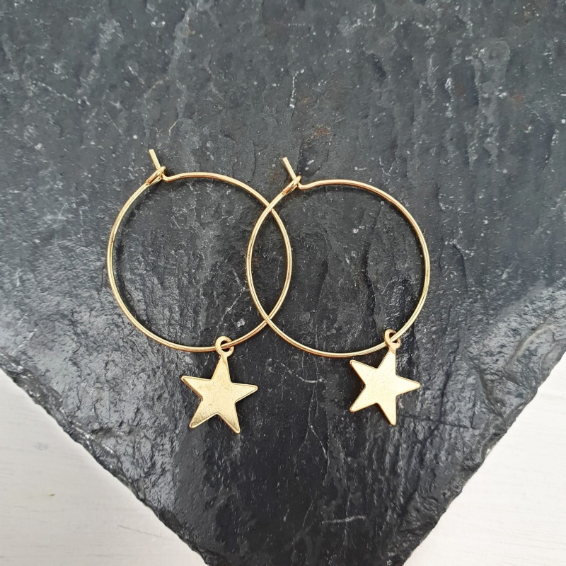 Star Drop Hoop Earrings - Gold